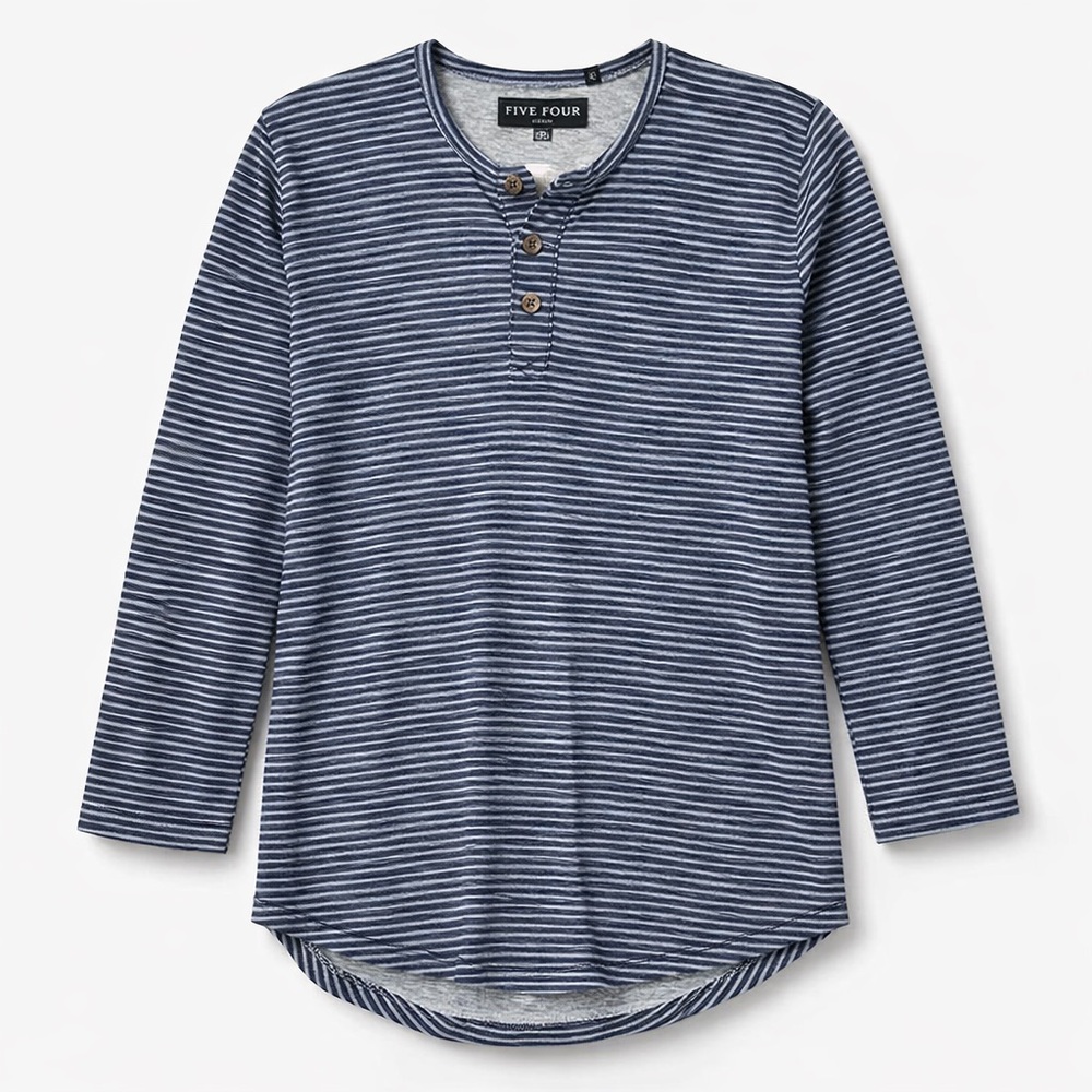 Five Four Men’s Large Navy Gray Stripe Henley Long Sleeve Curved Drop Tail Hem
